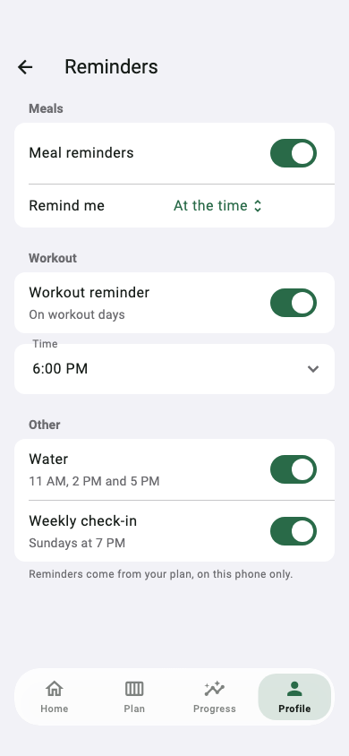 Reminder settings: meals, workout, water, weekly check-in