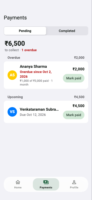 Payments tab listing pending payments