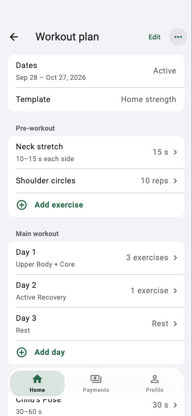Workout plan editor with days and exercises