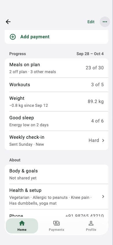 The client's Progress section: meals on plan 23 of 30, workouts 3 of 5, weight down 0.8 kg